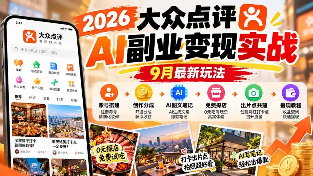 2026大众点评AI副业变现实战9月最新玩法：账号搭建+创作分成+AI图文笔记+免费探店+出片点共建与提现教程-三禾网络
