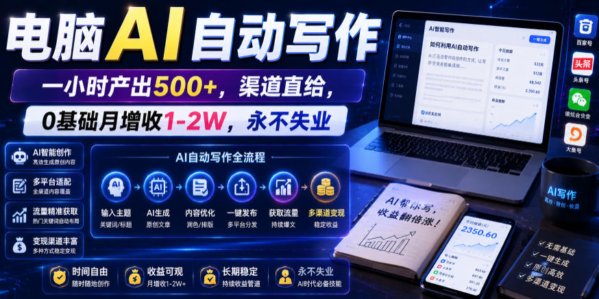 电脑AI自动写作，一小时产出500+，渠道直给，0基础月增收1-2W，永不失业【揭秘】-三禾网络