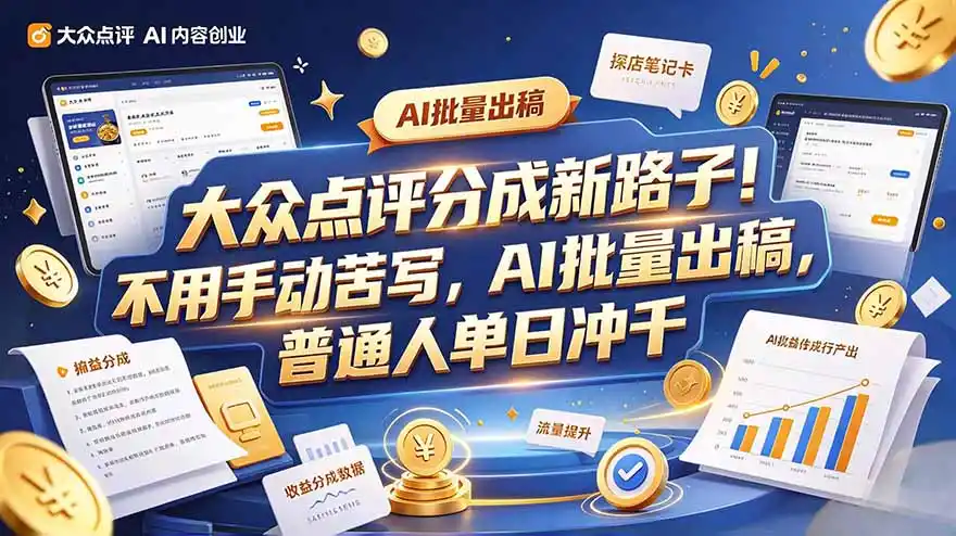 大众点评副业新玩法，工具提效解放双手，批量做笔记，单日可破千-三禾网络