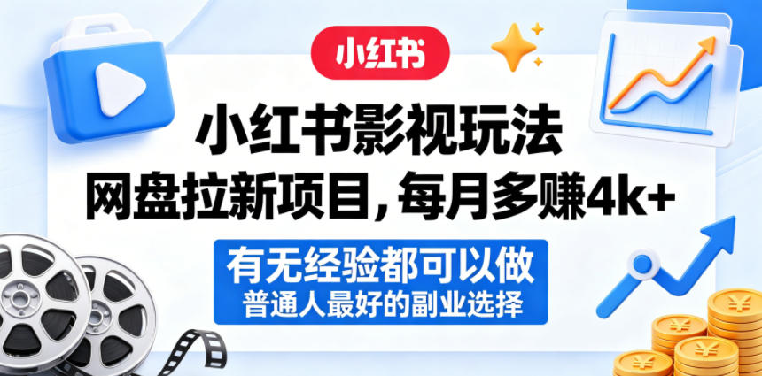 小红书影视玩法网盘拉新项目，每月多賺4k+，有无经验都可以做，普通人最好的副业选择-三禾网络