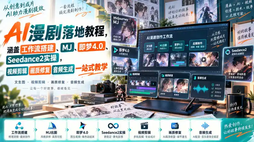 AI漫剧落地教程，涵盖工作流搭建、MJ、即梦4.0、Seedance2实操，视频剪辑画质修复音频生成一站式教学-三禾网络