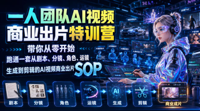 一人团队AI视频商业出片实战课：带你从零开始跑通一套从剧本、分镜、角色、运镜、生成到剪辑的AI视频商业出片SOP-三禾网络