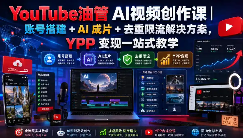 YouTube油管AI视频创作课|账号搭建+AI成片+去重限流解决方案,YPP变现一站式教学(更新0809)