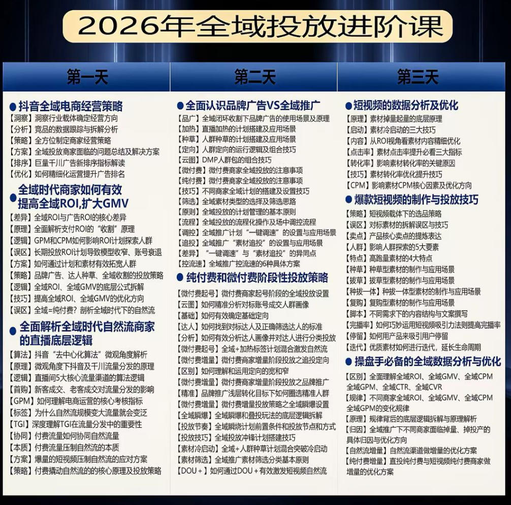 千川扫地僧2026抖音全域投放进阶课，少走弯路·快速起量·掌控增长，6月12-14号杭州线下课-三禾网络