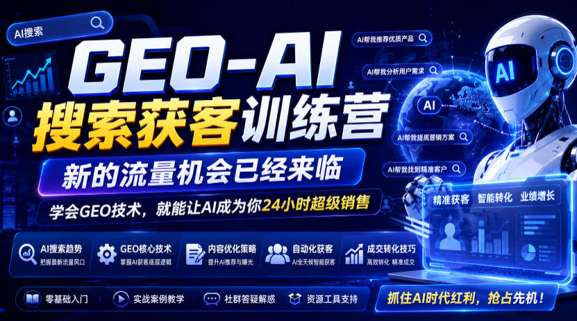 GEO-AI搜索获客训练营，新的流量机会已经来临，学会GEO技术，就能让AI成为你24小时超级销售-三禾网络