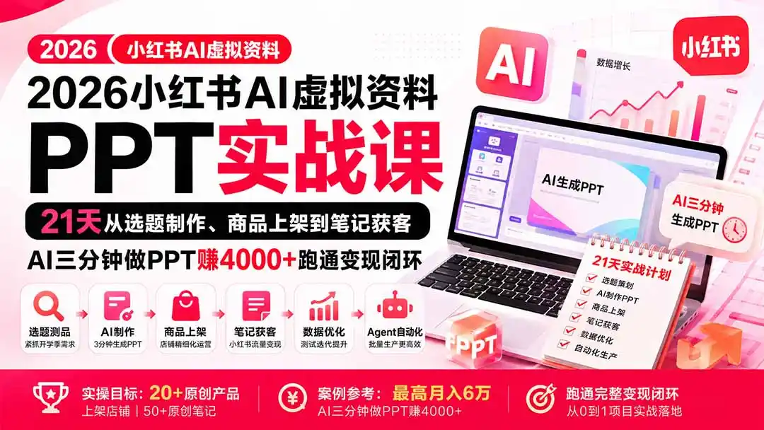 2026小红书AI虚拟资料PPT实战课：21天从选题制作、商品上架到笔记获客，AI三分钟做PPT赚4000+跑通变现闭环-三禾网络