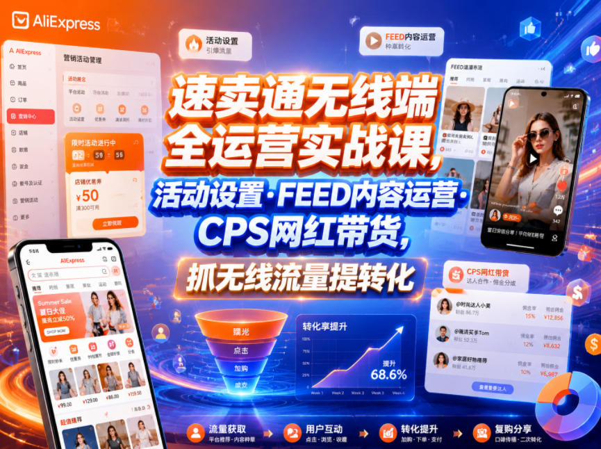 速卖通无线端全运营实战课，活动设置・FEED内容运营・CPS网红带货，抓无线流量提转化-三禾网络
