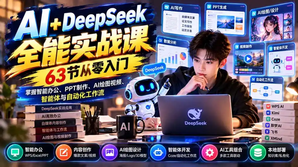 AI+DeepSeek全能实战课:63节从零入门,掌握智能办公、PPT制作、AI绘图视频、智能体与自动化工作流 AI+DeepSeek全能实战课:63节从零入门,掌握智能办公、PPT制作、AI绘图视频、智能体与自动化工作流