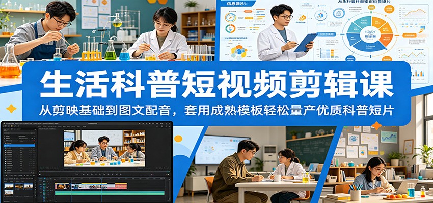 生活科普短视频剪辑课：从剪映基础到图文配音，套用成熟模板轻松量产优质科普短片-三禾网络