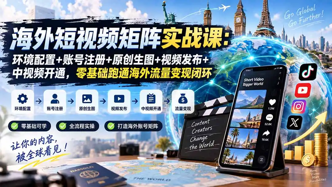 海外短视频矩阵实战课：环境配置+账号注册+原创生图+视频发布+中视频开通，零基础跑通海外流量变现闭环-三禾网络