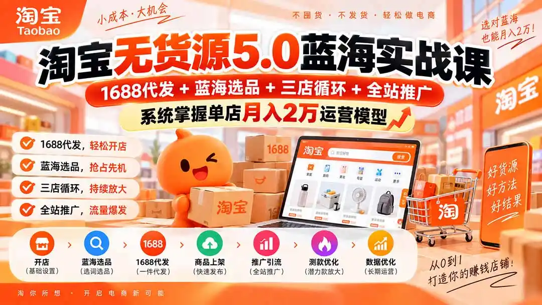 淘宝无货源5.0蓝海实战课-更新:1688代发+蓝海选品+三店循环+全站推广,系统掌握单店月入2万运营模型 淘宝无货源5.0蓝海实战课-更新:1688代发+蓝海选品+三店循环+全站推广,系统掌握单店月入2万运营模型