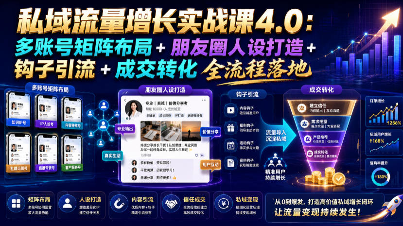 私域流量增长实战课4.0：多账号矩阵布局+朋友圈人设打造+钩子引流+成交转化全流程落地-三禾网络