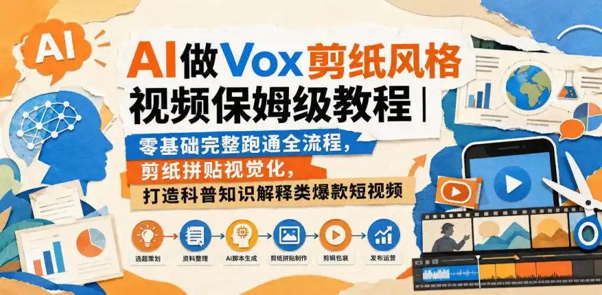 AI做Vox剪纸风格视频保姆级教程｜零基础完整跑通全流程，剪纸拼贴视觉化，打造科普知识解释类爆款短视频-三禾网络