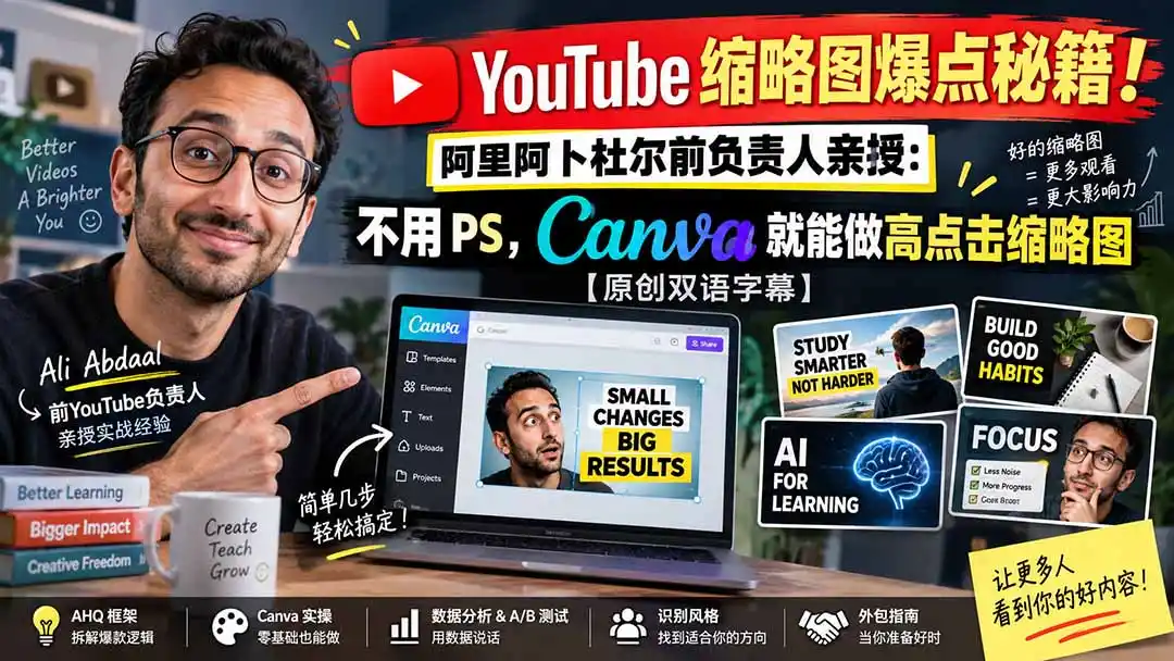 YouTube 缩略图爆点秘籍！阿里阿卜杜尔前负责人亲授：不用 PS，Canva 就能做高点击缩略图【原创双语字幕】-三禾网络