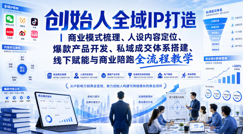 创始人全域IP打造｜商业模式梳理、人设内容定位、爆款产品开发、私域成交体系搭建、线下赋能与商业陪跑全流程教学-三禾网络