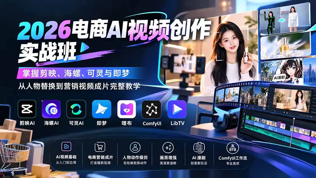 2026电商AI视频创作实战班:掌握剪映、海螺、可灵与即梦,从人物替换到营销视频成片完整教学 2026电商AI视频创作实战班:掌握剪映、海螺、可灵与即梦,从人物替换到营销视频成片完整教学