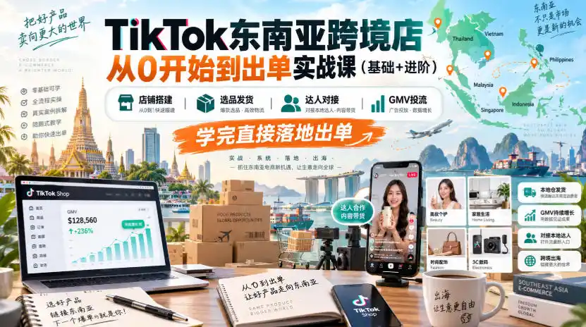 TikTok东南亚跨境店从0开始到出单实战课(基础+进阶)，店铺搭建、选品发货、达人对接、GMV投流，学完直接落地出单-三禾网络
