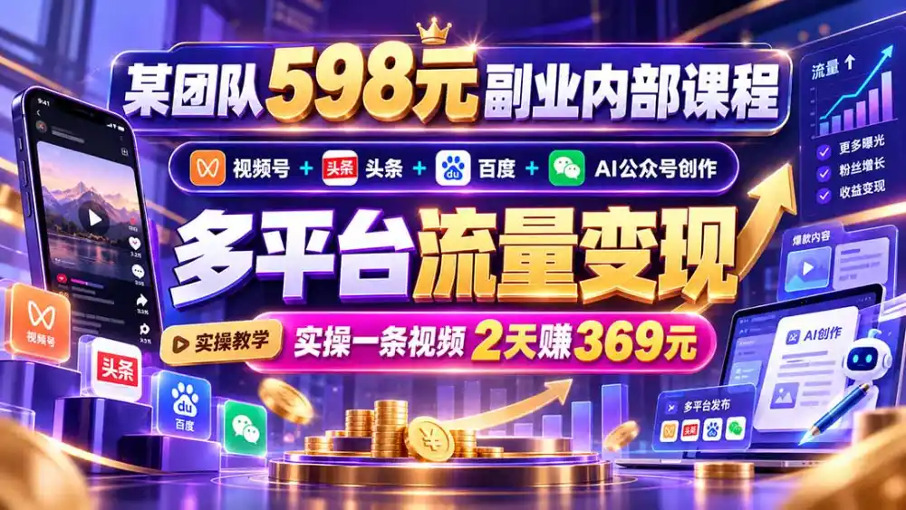 某团队598元副业内部课程:视频号+头条+百度+AI公众号创作、多平台流量变现,实操一条视频2天赚369元 某团队598元副业内部课程:视频号+头条+百度+AI公众号创作、多平台流量变现,实操一条视频2天赚369元