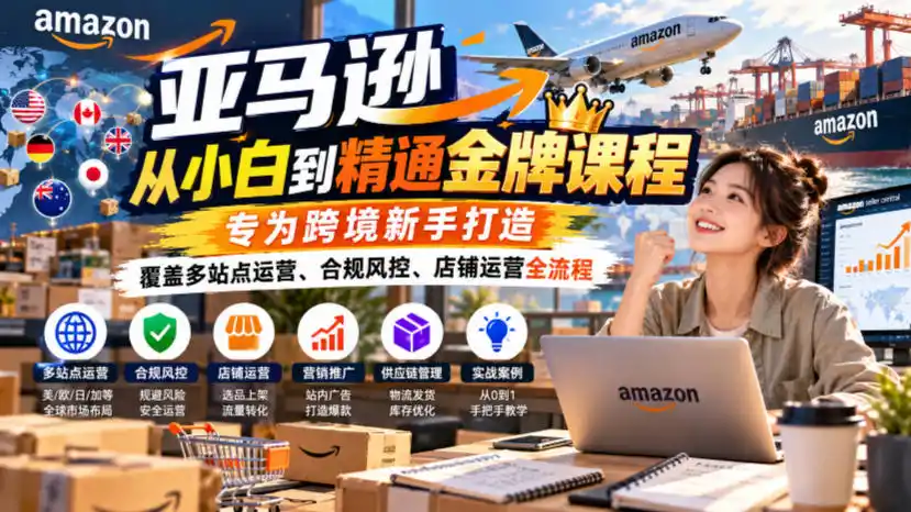 亚马逊从小白到精通金牌课程,专为跨境新手打造,覆盖多站点运营、合规风控、店铺运营全流程-三禾网络