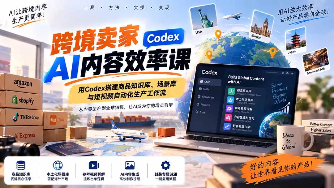 跨境卖家AI内容效率课：用Codex搭建商品知识库、场景库与短视频自动化生产工作流-三禾网络