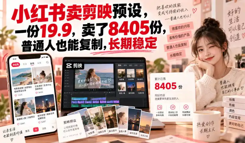 小红书卖剪映预设，一份19.9，卖了8405份，普通人也能复制，长期稳定-三禾网络