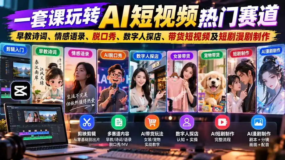 一套课玩转AI短视频热门赛道:早教诗词、情感语录、脱口秀、数字人探店、带货短视频及短剧漫剧制作 复制标题 一套课玩转AI短视频热门赛道:早教诗词、情感语录、脱口秀、数字人探店、带货短视频及短剧漫剧制作 复制标题