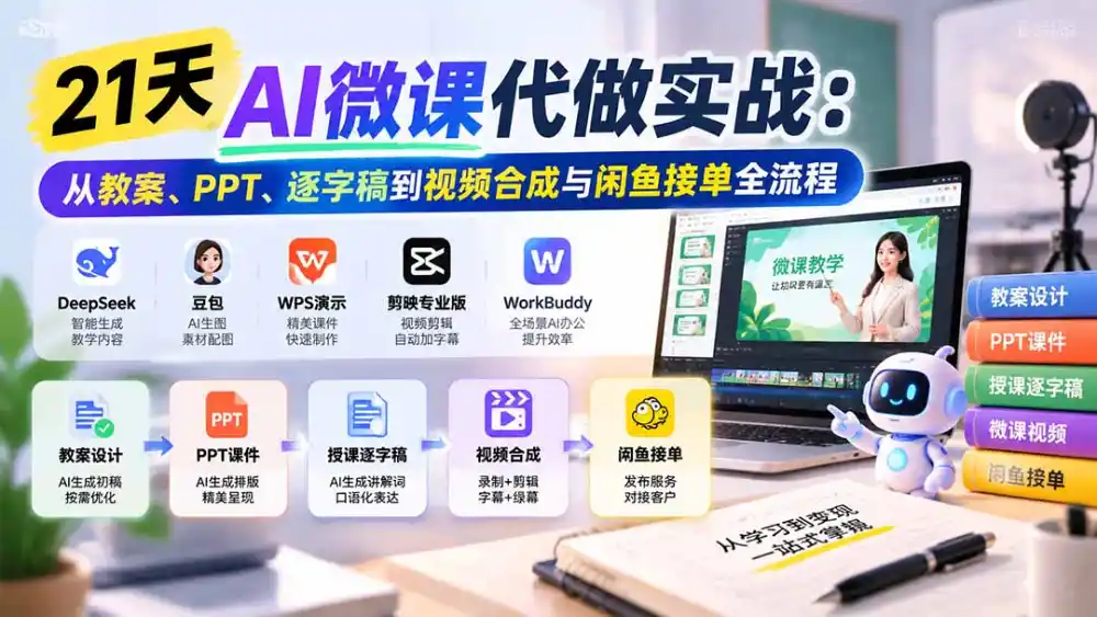 21天AI微课代做实战:从教案、PPT、逐字稿到视频合成与闲鱼接单全流程-三禾网络