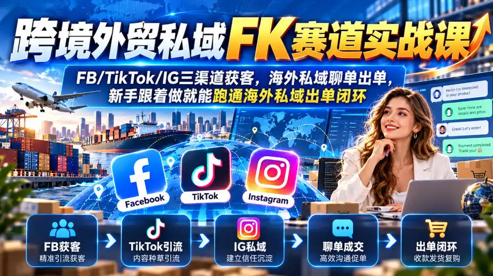 跨境外贸私域FK赛道实战课｜FB/TikTok/IG三渠道获客，海外私域聊单出单，新手跟着做就能跑通海外私域出单闭环-三禾网络