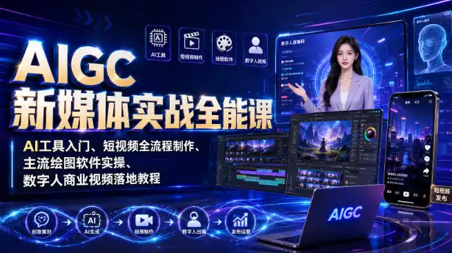 AIGC新媒体实战全能课｜AI工具入门、短视频全流程制作、主流绘图软件实操、数字人商业视频落地教程-三禾网络