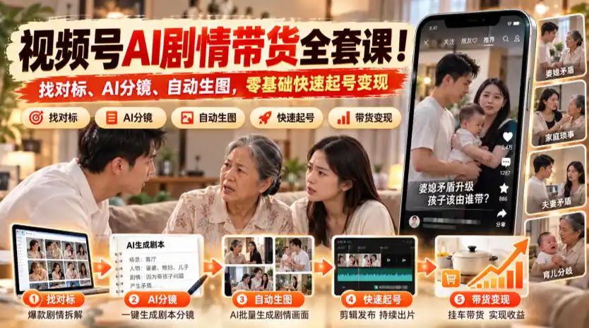 视频号AI剧情带货全套课!找对标、AI分镜、自动生图,零基础快速起号变现-三禾网络