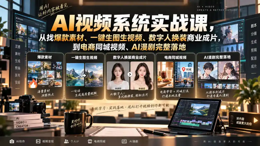 AI视频系统实战课,从找爆款素材、一键生图生视频、数字人换装商业成片,到电商同城视频、AI漫剧完整落地-三禾网络