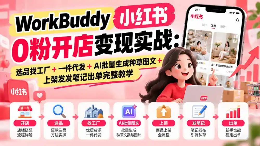 WorkBuddy小红书0粉开店变现实战：选品找工厂+一件代发+AI批量生成种草图文+上架发发笔记出单完整教学-三禾网络