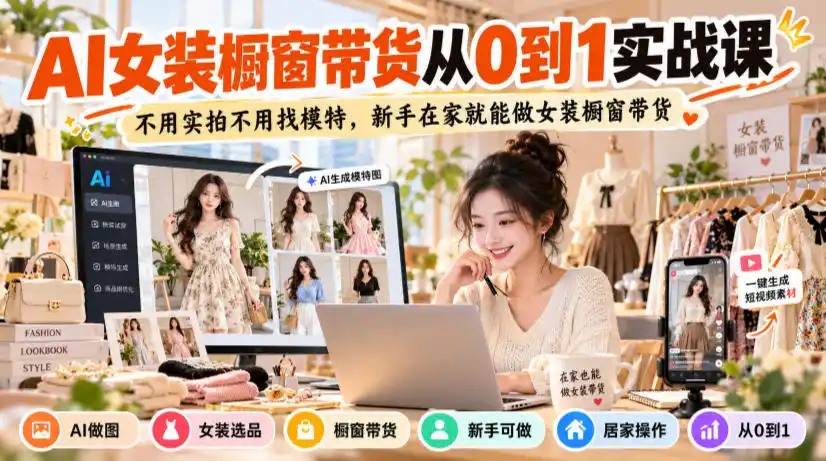 AI女装橱窗带货从0到1实战课，不用实拍不用找模特，新手在家就能做女装橱窗带货-三禾网络