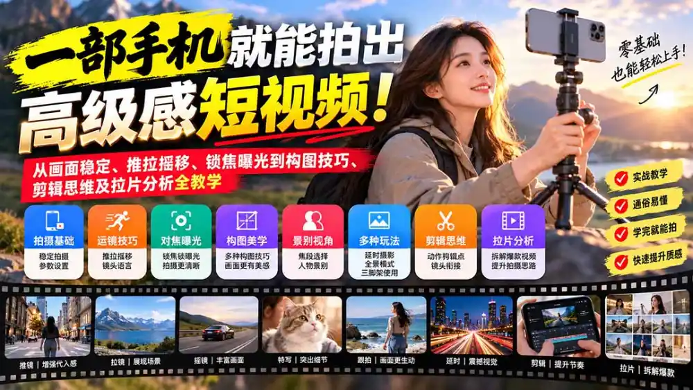 一部手机就能拍出高级感短视频！从画面稳定、推拉摇移、锁焦曝光到构图技巧、剪辑思维及拉片分析全教学-三禾网络