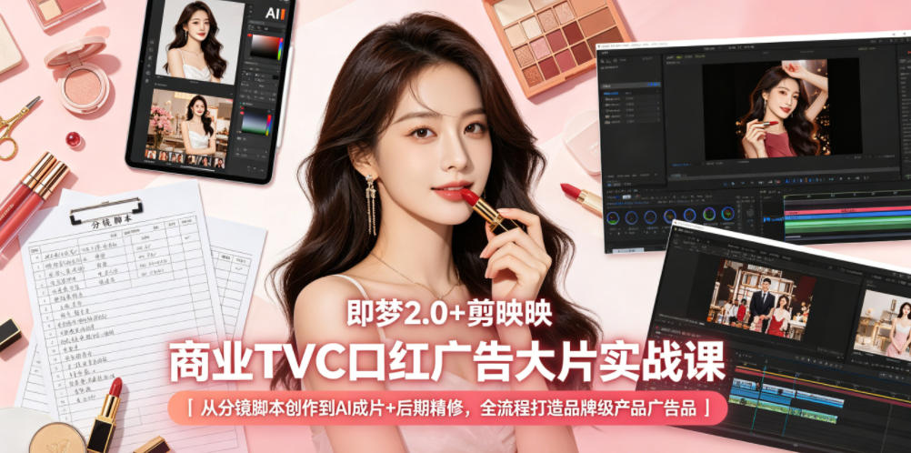 即梦2.0+剪映商业TVC口红广告大片实战课｜从分镜脚本创作到AI成片+后期精修，全流程打造品牌级产品广告-三禾网络