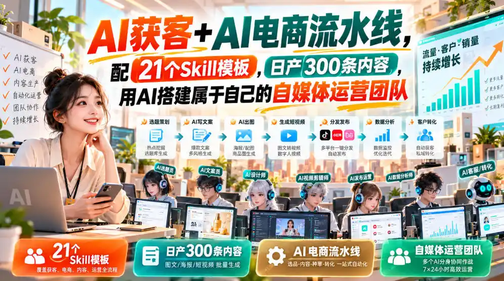 AI获客+AI电商流水线，配21个Skill模板，日产300条内容，用AI搭建属于自己的自媒体运营团队-三禾网络
