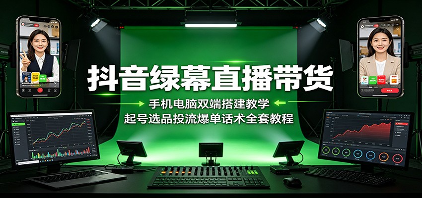抖音绿幕直播带货：手机电脑双端搭建教学，起号选品投流爆单话术全套教程-三禾网络
