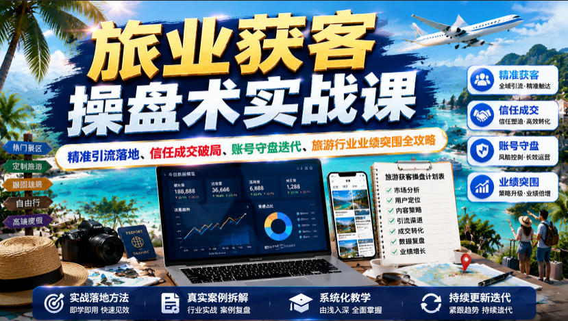 旅业获客操盘术实战课｜精准引流落地、信任成交破局、账号守盘迭代、旅游行业业绩突围全攻略-三禾网络