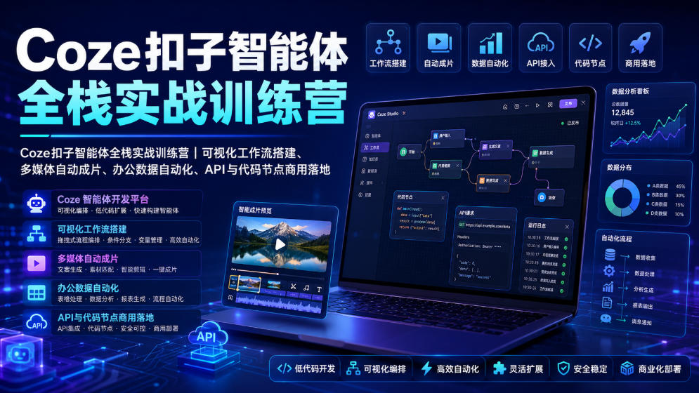 Coze扣子智能体全栈实战训练营｜可视化工作流搭建、多媒体自动成片、办公数据自动化、API与代码节点商用落地-三禾网络