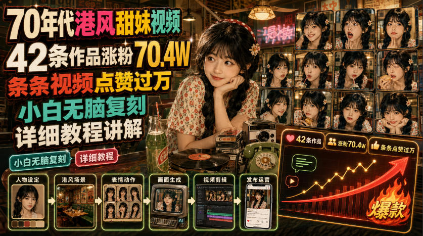 70年代港风甜妹视频，42条作品涨粉70.4W，条条视频点赞过万，小白无脑复刻，详细教程讲解-三禾网络