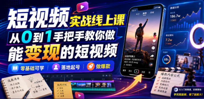 短视频实战线上课，从0到1手把手教你做能变现的短视频，零基础可学，落地起号做爆款-三禾网络