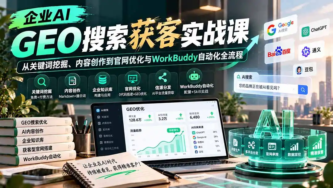 企业AI GEO搜索获客实战课：从关键词挖掘、内容创作到官网优化与WorkBuddy自动化全流程-三禾网络