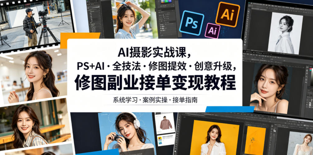 AI摄影实战课，PS+AI・全技法・修图提效・创意升级，修图副业接单变现教程-三禾网络