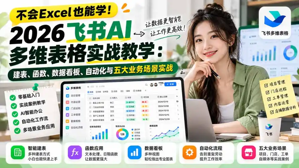 不会Excel也能学！2026飞书AI多维表格实战教学：建表、函数、数据看板、自动化与五大业务场景实战-三禾网络