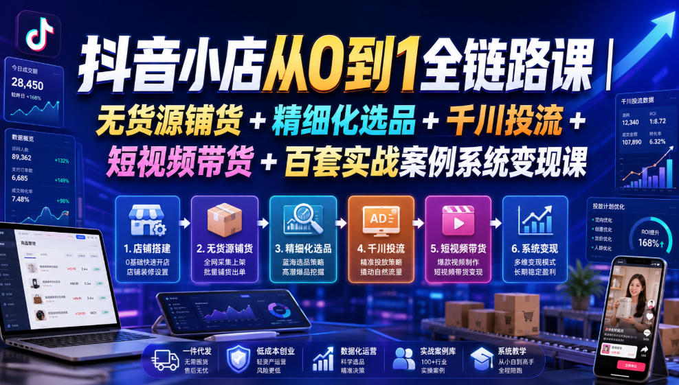 抖音小店从0到1全链路课｜无货源铺货+精细化选品+千川投流+短视频带货+百套实战案例系统变现课(2026年7月更新)-三禾网络