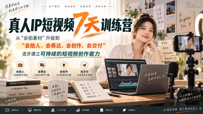真人IP短视频7天训练营,从“会拍素材”升级到“会拍人、会表达、会创作、会交付”,逐步建立可持续的短视频创作能力 真人IP短视频7天训练营,从“会拍素材”升级到“会拍人、会表达、会创作、会交付”,逐步建立可持续的短视频创作能力