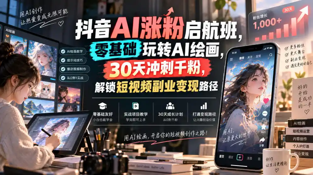 抖音AI涨粉启航班,零基础玩转AI绘画,30天冲刺千粉,解锁短视频副业变现路径-三禾网络