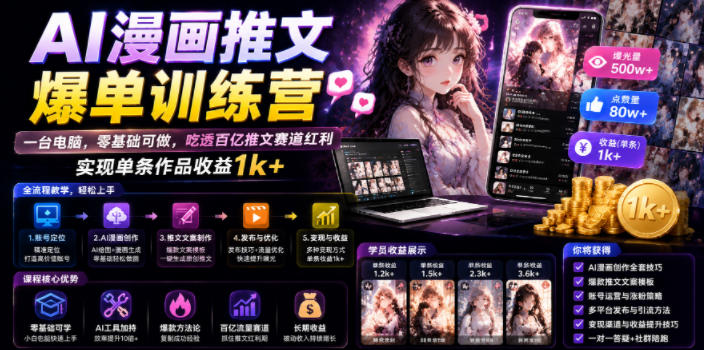 AI漫画推文爆单训练营，一台电脑，零基础可做，吃透百亿推文赛道红利，实现单条作品收益1k+-三禾网络