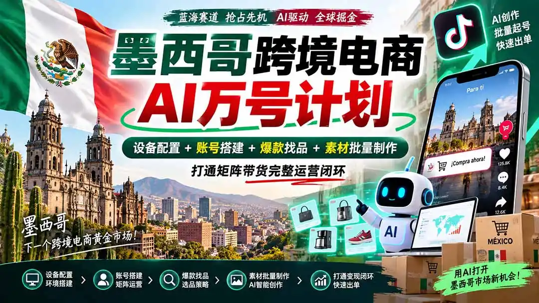 墨西哥AI跨境电商万号计划|设备配置+账号搭建+爆款找品+素材批量制作,打通矩阵带货完整运营闭环-三禾网络