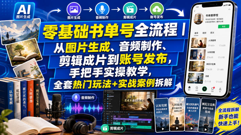 零基础书单号全流程｜从图片生成、音频制作、剪辑成片到账号发布，手把手实操教学，全套热门玩法+实战案例拆解-三禾网络